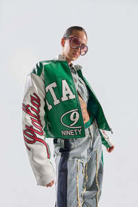 Veste de sport en cuir véritable vert et blanc, en cuir PU, coupe-vent, manches longues, col montant, fermeture éclair, logo imprimé, pour femmes - Product Image 6