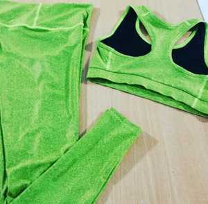 Women's High Quality 3 Piece Yoga Set Green Scoop Neck Crisscross Strap Racerback Crop Top <b>Low</b> <b>Waist</b> Full Length <b>Leggings</b> Front - Product Image 5