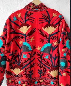 Deep Red Embroidered Leather <b>Jacket</b> Ladies Reversible Autumn Coat Floral Suzani Embroidery Quilted Bomber Stand Embossed Cotton - Product Image 3