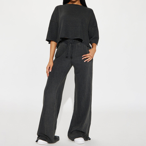 Women Acid Wash Raw Edge Wide Crop Top Oversized Shirt <b>Set</b> Woman 2 Piece Straight Oversized Pants Leisure <b>Sets</b> For Women - Product Image 1