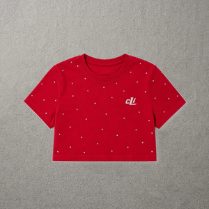 Chemise pour femmes tendance, slim fit, avec strass, manches courtes, crop top, streetwear décontracté, coton et élasthanne, logo imprimé scintillant - Product Image 3