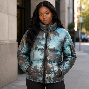 Heritage Masonic Regalia Custom Logo Quilted Puffer Jacket Winter Stand Collar Full Sleeve Printed Palm <b>Tree</b> Pattern Unisex Coat - Product Image 3