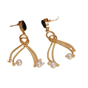 Oxidized Brass Antique Silver Fashionable Drop Earrings with Onyx Bezel Setting Ethnic Engagement Gift for Women - Product Image 1