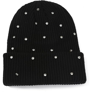 Fashion Black Studded Beanie Hat Crystal Rib Knit Winter Warm <b>Cap</b> Women <b>Men</b> Custom Logo Streetwear Skull <b>Cap</b> - Product Image 1