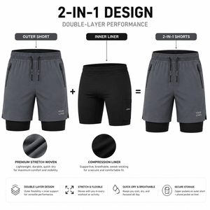 Men's 2-In-1 Double <b>Layer</b> Shorts With Compression Liner Quick Dry Sporty Bermuda Shorts With Zip Pockets And Drawstring Closure - Product Image 3