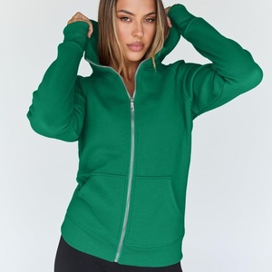 Sudadera con capucha de forro polar para mujer, 100% algodón, verde liso, corte ajustado, con cremallera completa, de alta calidad, parte superior de chándal, venta al por mayor - Product Image 2