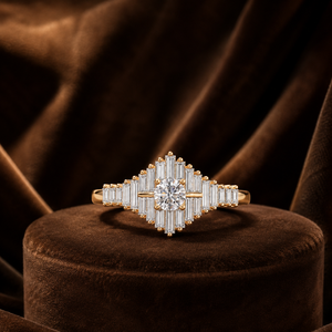 Round Brilliant Diamond Wedding <b>Ring</b> Vermeil Yellow <b>Gold</b> Engagement <b>Ring</b> Side Stone Baguette Proposal Moissanite <b>Ring</b> - Product Image 1