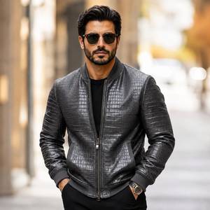 Luxury Textured Finished Embossed Leather Bomber <b>Jacket</b> Plaid Pattern Breathable <b>Summer</b> Casual Outerwear for <b>Men</b> Button Closure - Product Image 5