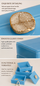 Sky <b>Blue</b> Glass Jewelry Storage Box Set with Natural Agate Stone Knob Gold Plated Accent Glossy Finish Decorative Organizer - Product Image 2