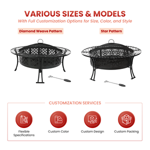 Brasero d'extérieur rond en acier avec grille de cuisson BBQ, écran anti-étincelles et pioche à feu FP003 - Product Image 4