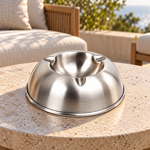 Cendrier en acier inoxydable avec couvercle en forme de dôme, en métal argenté brossé, porte-cigarettes pour table extérieure et patio - Product Image 6