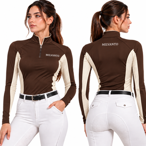 Camisa de equitación marrón personalizada para mujer, con cremallera de un cuarto, manga larga, para competición, transpirable y de alto rendimiento. - Product Image 1