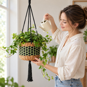 Custom Made Eco-Friendly Handcrafted <b>Seagrass</b> Jute Dyed Cotton Cord Irregular Pattern Hanging Planter Basket Wall Mounted <b>Pot</b> - Product Image 4