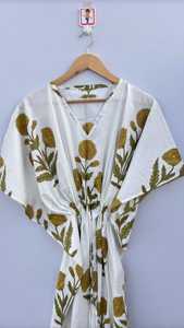 Floral Cotton Casual <b>Kaftan</b> Boho Tunic Dress <b>Plus</b> <b>Size</b> Indian Eco-Friendly Natural Waistline Loose Silhouette with Feathers - Product Image 2