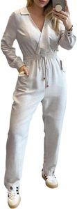 Monos casuales para mujer con cuello en V, manga larga, cintura con cordón y bolsillos laterales - Product Image 4