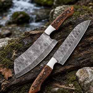 Ensemble de couteaux de cuisine en acier Damas sur mesure, 2 pièces, couteau de chef et hachoir forgés à la main avec manche en bois sculpté, gravé professionnellement - Product Image 3