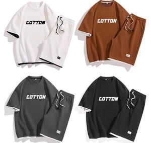 Men's Cotton Casual T-Shirt and Shorts <b>Set</b> Crew Neck Short Sleeve Two Piece Outfit Summer Breathable Letter Print Tracksuit - Product Image 1
