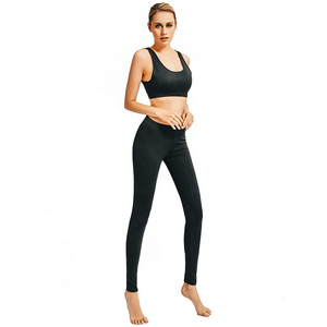 Ensemble de yoga pour femmes, haut court noir, leggings taille haute, sans couture, 2 pièces, vêtements de sport respirants, longueur intégrale, vêtements de fitness - Product Image 2