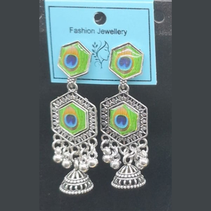 Boucles d'oreilles Jhumka hexagonales en argent plaqué indien avec plumes de paon, bijoux géométriques pendantes Ghungroo, ensemble de vente en gros - Product Image 1