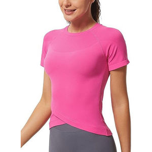 Camiseta Deportiva Asimétrica de Manga Corta con Cuello Redondo Rosa para Mujer, Color Sólido, Tejido de Punto, Secado Rápido, Corte Ajustado, Top de Primavera/Verano - Product Image 2
