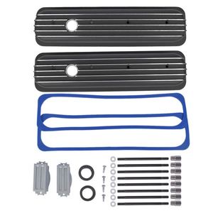 Couvre-culbuteurs court à ailettes en aluminium noir avec joint pour moteurs SBC 1987-1997 Small Block Chevy 5.0L 5.7L 305 350 - Product Image 1