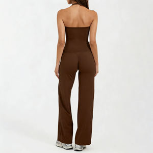 Women's Sleeveless Halter Square Neck Yoga Set 2 Piece <b>High</b> <b>Waist</b> Solid <b>Flared</b> <b>Leggings</b> - Product Image 3