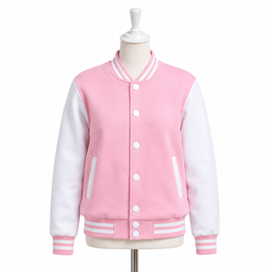 Veste universitaire rose avec manches et rayures blanches, style preppy, coupe classique, vêtement d'automne unisexe en polaire - Product Image 1
