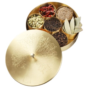 Handcrafted Brass Spice Organizer Masala Dabba <b>with</b> <b>Decorative</b> <b>Lid</b> and Spoon Premium Kitchenware Storage Container - Product Image 1