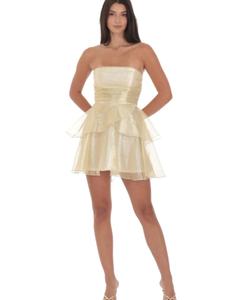 เดรสสั้นทรงบานแต่งระบายแบบกลีบดอกไม้ |   ชุดเดรสปาร์ตี้แบบมีระบายพู่ระยิบระยับ สายเดี่ยวผูกหลัง |   สีทองเมทัลลิกสุดหรูสำหรับฤดูร้อน - Product Image 4