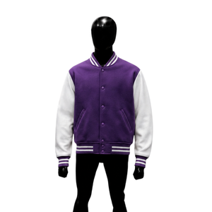 <b>Men's</b> Purple <b>White</b> Varsity <b>Jacket</b> Fleece Casual Turn-down Collar Regular Sleeve Single Breasted Solid Pattern Autumn Wear SALE - Product Image 1