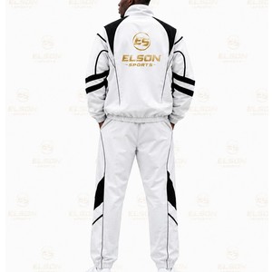 Ensemble de survêtement sportif pour homme, blanc et noir, avec blocs de couleur, fermeture éclair intégrale, léger, en polyester, deux pièces avec poches latérales - Product Image 4