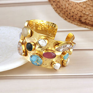 Bold statement jewelry multi color gemstone wide cuff <b>bracelet</b> brass 18k gold plated adjustable closure hammered cuff for women - Product Image 3