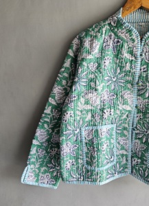 Green Floral Quilted <b>Jacket</b> <b>Mandarin</b> <b>Collar</b> Full Sleeve Cotton Spring Women's Coat Green floral quilted gift for her - Product Image 4