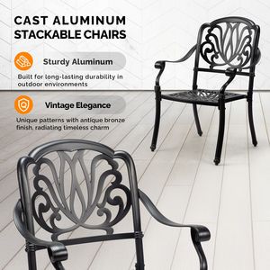Set di 2 Sedie da Pranzo Impilabili per Esterni in Alluminio Pressofuso, Finitura Nera Vintage con Motivo Floreale, Poltrona in Metallo per Patio, Giardino, Terrazza - Product Image 4