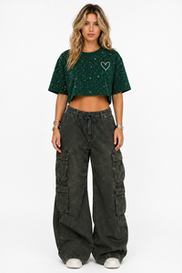 Wholesale Women All Over Rhinestone Crop T Shirt Glitter Heart Casual Streetwear Summer Fashion Top Supplier - Product Image 5