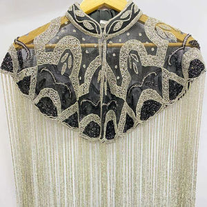 Cape à franges perlées à la main noire et argentée de qualité supérieure pour femme, veste de soirée brodée de créateur pour mariée, vente en gros - Product Image 1