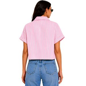 Camisa corta a rayas rosa y blanco personalizada para mujer, con logotipo bordado personalizado, manga corta, con botones, blusa informal de verano - Product Image 2