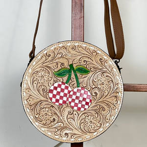 Hand Tooled Floral Round Crossbody Handbags Genuine Leather Checkered Cherry Design Evening Shoulder <b>Bags</b> for Daily Use <b>Bag</b> - Product Image 4
