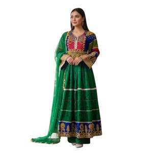Robe maxi afghane brodée avec des blocs de couleur et des travaux manuels, pour les occasions festives, style bohème, manches longues, coupe trapèze, robes décontractées. - Product Image 1