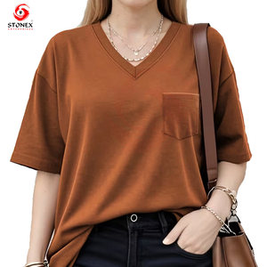 Camisetas de Mujer para Primavera/Verano, Cuello en V, con Bolsillo, Casuales, Transpirables, Ecológicas, de Punto, de Secado Rápido, con Logotipo Personalizado, Color Personalizado, de Alta Calidad - Product Image 1