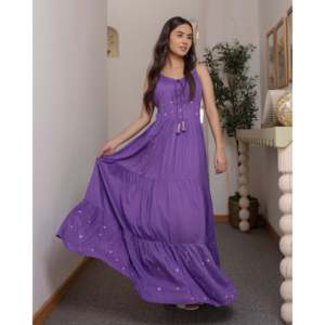ชุดเดรสไลฟีนทรงเอไลน์สีม่วง คอวีทรงเอ็มไพร์ สายเดี่ยวผ้าฝ้าย - Product Image 6