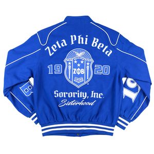เสื้อแจ็คเก็ต Zeta Phi Beta Centennial Racing สีน้ำเงินรอยัล สำหรับผู้หญิง  แบบตัวอักษรกรีก  รุ่น Varsity ปี 1920  ปักลาย ZPB  เสื้อคลุมสตรีนักกีฬามหาวิทยาลัย - Product Image 2