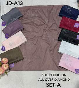 Latest Sheen Chiffon Diamond Luxury Shimmer <b>Hijab</b> Collection Rhinestone Borders Glitter Finish Elegant Formal Floral/Plaid <b>Satin</b> - Product Image 3