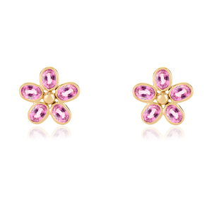 14K Gold Floral Stud <b>Earrings</b> with Pear Cut Diamond and Pink Sapphire - Product Image 2