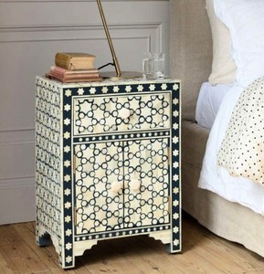 Rounded Resin Bone Inlay <b>Bedside</b> <b>Table</b> With 2 Drawers Modern Nightstand Storage Cabinet Decorative Side <b>Table</b> Bedroom Hotels - Product Image 3