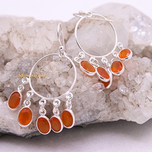 Boucles d'oreilles pendantes en argent sterling 925 massif avec cornaline naturelle ovale, style chandelier, pour femme, bijoux fins vintage bohèmes, vente en gros - Product Image 4