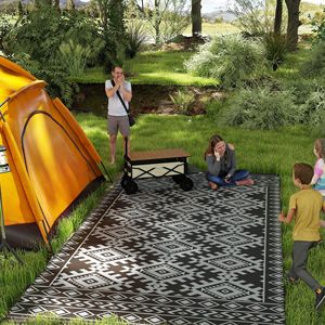 Tappeto da Esterno Reversibile Nero e Grigio 9FT X 18FT, Impermeabile in Plastica Intrecciata con Borsa per il Trasporto, Bordo a Rombi - Product Image 2