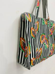 Hand Block Printed Quilted Cotton <b>Boho</b> Style Drawstring Closure Large Women Black White Stripe Tropical Fruit Shoulder <b>Bag</b> - Product Image 3