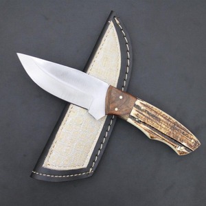 Couteau de chasse à lame fixe, pointe tombante, manche en bois de cerf, lame en acier D2 |   Outil de chasse de qualité industrielle personnalisable OEM - Product Image 1
