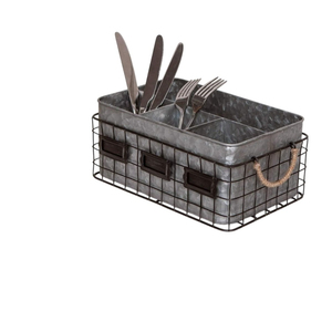 Galvanized Metal Utensil <b>Caddy</b> 3 Compartment Cutlery Holder with Wire Basket and Label Slots for <b>Kitchen</b> Countertop Party - Product Image 1